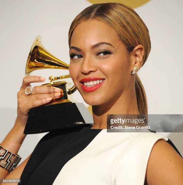 Beyonce poses at the The 55th Annual GRAMMY Awards on February 10, 2013 in Los Angeles, California.