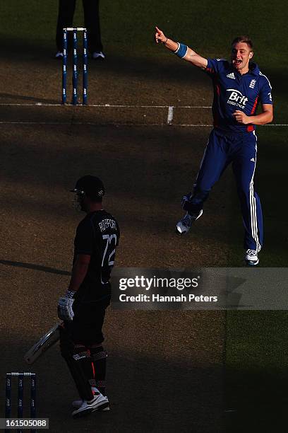 Luke Wright of England celebrates the wicket of Hamish Rutherford of New Zealand during the international Twenty20 match between New Zealand and...