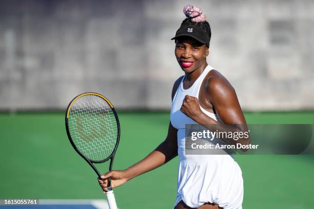 Venus Williams of the United States celebrates winning the match point against Veronika Kudermetova of Russia during their second-round match at the...