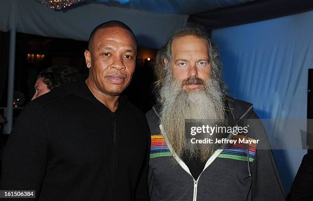 Dr. Dre and Rick Rubin attend the Universal Music Group Chairman & CEO Lucian Grainge's annual Grammy Awards viewing party on February 10, 2013 in...