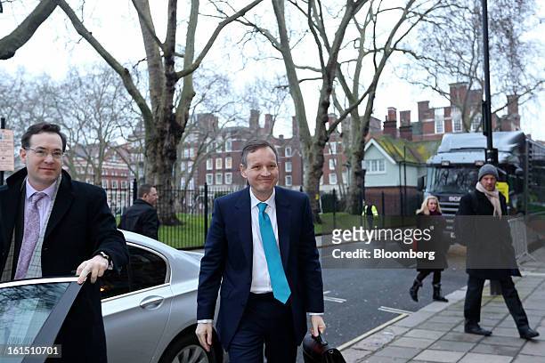 Antony Jenkins, chief executive officer of Barclays Plc, center, arrives to present the company's Strategic Review at a news conference in London,...