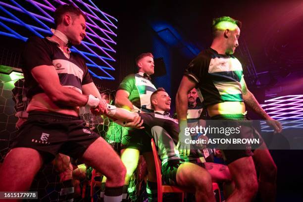 Sydney Convicts' players Thomas Urquhart, Eliot Hastie, Jordan Healer, Jack MacPherson and Matt Endicott perform on stage during the team's annual...