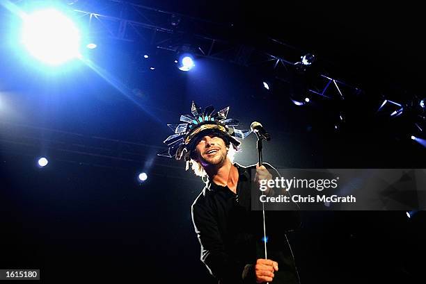 Lead singer, Jay Kay of the British pop group Jamiroquai performs live on stage on November 11, 2002 at the Sydney Entertainment Centre in Sydney,...