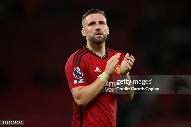 Luke Shaw of Manchester United during the Premier League match between Manchester United and Wolverhampton Wanderers at Old Trafford on August 14,...