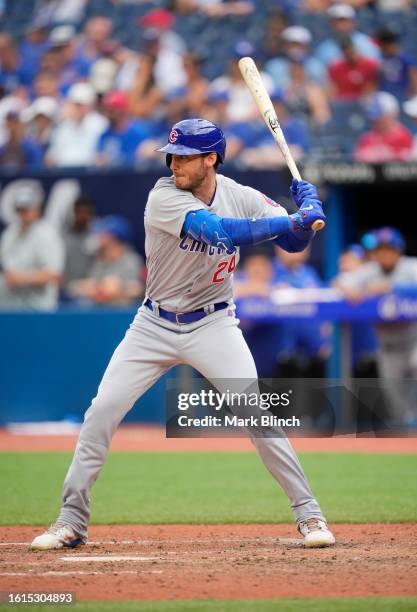 Cody Bellinger of Chicago Cubs takes an at bat against the Toronto Blue Jays during the ninth inning in their MLB game at the Rogers Centre on August...