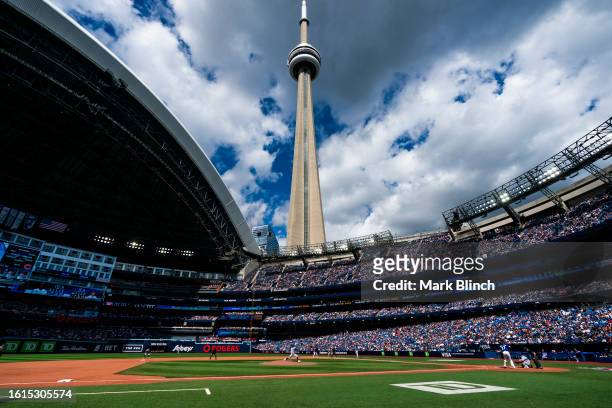 Vladimir Guerrero Jr. #27 of the Toronto Blue Jays takes an at bat in a general view of the stadium against the Chicago Cubs in their MLB game at the...