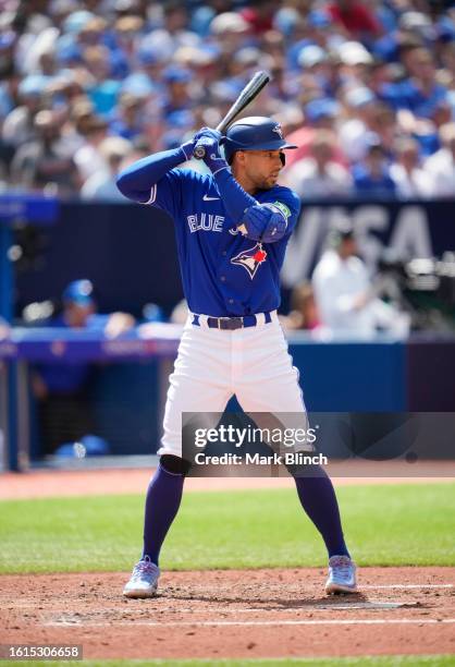 George Springer of Toronto Blue Jays takes an at bat against the Chicago Cubs during the fourth inning in their MLB game at the Rogers Centre on...