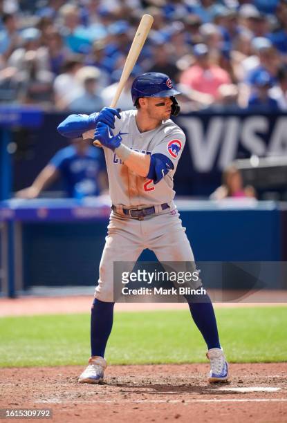 Nico Hoerner of Chicago Cubs takes an at bat against the Toronto Blue Jays during the sixth inning in their MLB game at the Rogers Centre on August...