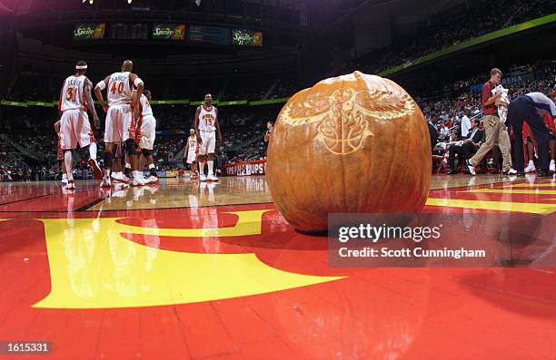 The Atlanta Hawks celebrate Halloween with their logo carved on a pumpkin while taking on the Utah Jazz during the NBA game at Philips Arena on...