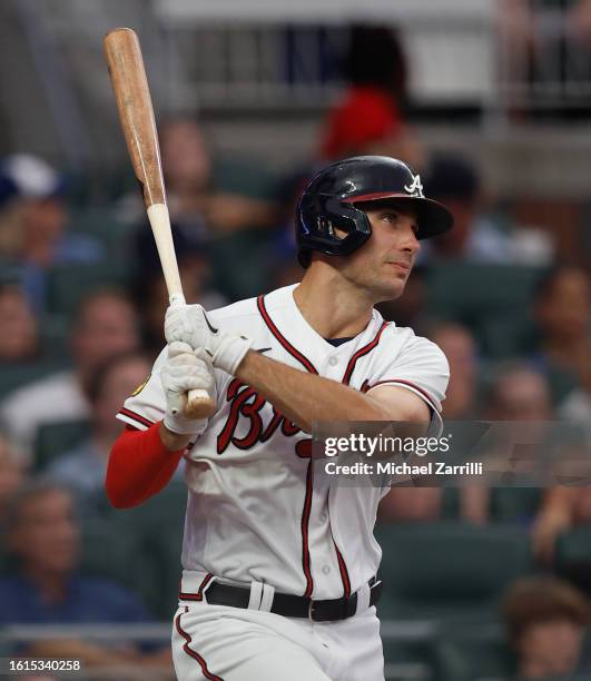 First baseman Matt Olson of the Atlanta Braves hits a single in the third inning against the New York Yankees at Truist Park on August 14, 2023 in...