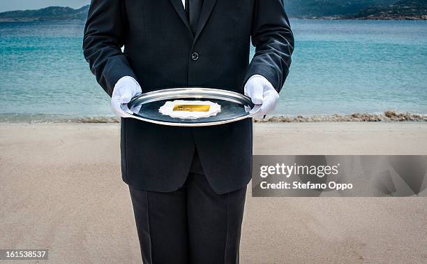 waiter with gold credit card on the beach - gold suit fotografías e imágenes de stock