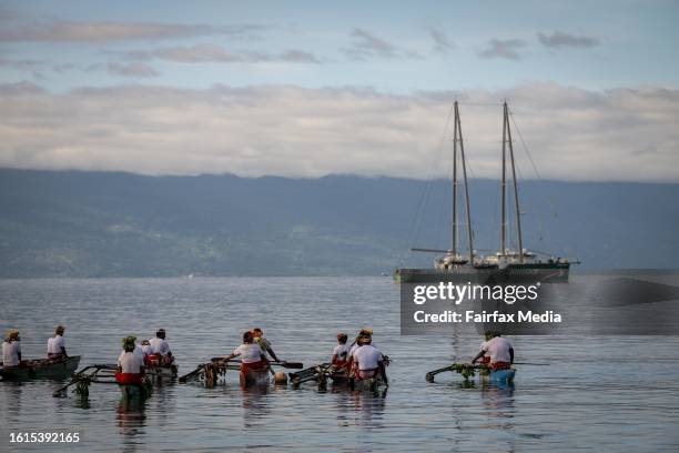 Kioan Climate Emergency Declaration meetings on Kioa Island, Fiji. Traditional welcoming ceremony for the Tuvalu minister for Finance and Climate...
