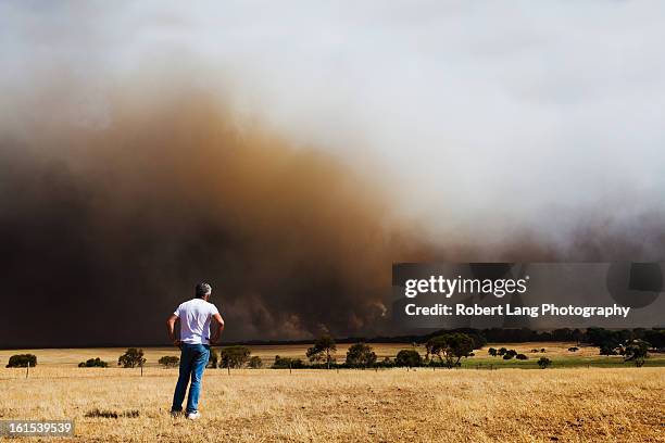 man watching a bush fire burn - australia wildfires photos et images de collection