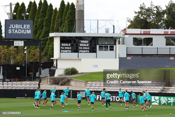 Players of Australia warm up during the Australia Matildas training session during the FIFA Women's World Cup Australia & New Zealand 2023 at...