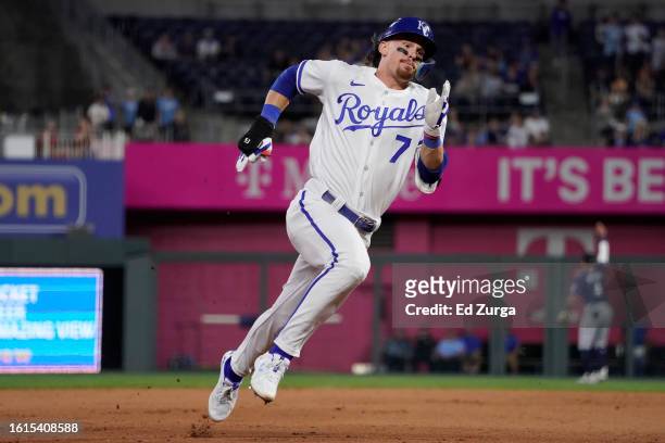 Bobby Witt Jr. #7 of the Kansas City Royals runs the bases as he heads home for an inside-the-park home run in the fifth inning against the Seattle...