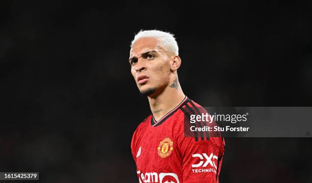 Manchester United player Antony in action during the Premier League match between Manchester United and Wolverhampton Wanderers at Old Trafford on...