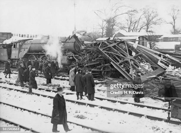 The aftermath of a rail crash near Hatfield in Hertfordshire, 26th January 1939. The 8:25 from Cambridge to London ran into the back of the 7:34 on...