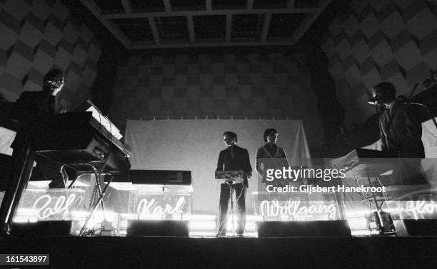 German group Kraftwerk perform live at the SF Festival in Rotterdam, Netherlands on March 21 1976. L-R Ralf Hutter, Karl Bartos, Wolfgang Flur and...