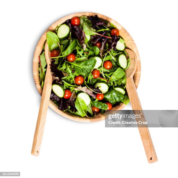 salad bowl and serving utensils - salatschüssel stock-fotos und bilder