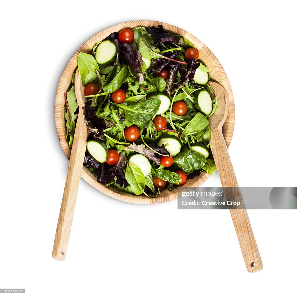 Salad bowl and serving utensils