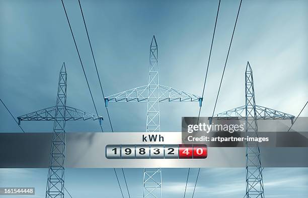 electricity meter with three pylons - meter foto e immagini stock