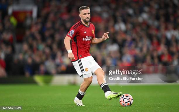 Manchester United player Luke Shaw in action during the Premier League match between Manchester United and Wolverhampton Wanderers at Old Trafford on...
