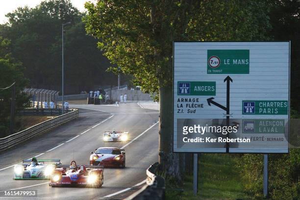 The Courage Competition leads on the Mulsanne Straight during final qualifying for the Le Mans 24 Hour race on June 10, 2004 at the Circuit des 24...