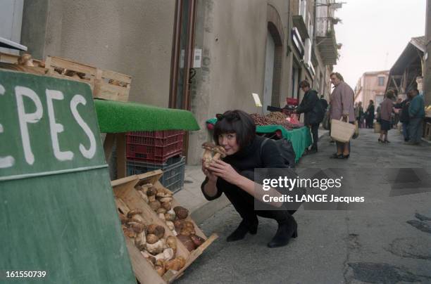 Sabine Azema On The Set Of The Film "le Bonheur Est Dans Le Pre" In The Gers In France. Sabine AZEMA sur un marché, dans un village du GERS,...
