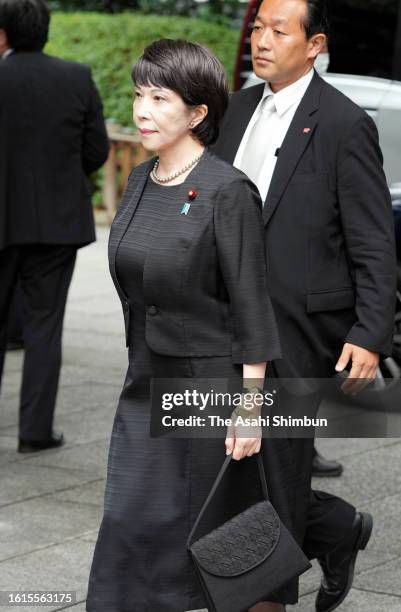 Minister for Economic Security Sanae Takaichi visits Ysukuni Shrine on the 78th anniversary of the WWII Surrender on August 15, 2023 in Tokyo, Japan.