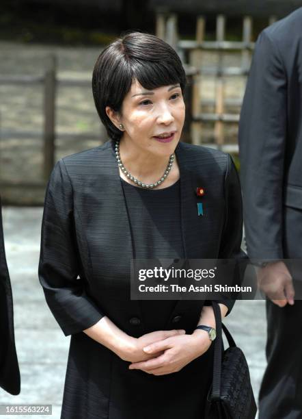 Minister for Economic Security Sanae Takaichi visits Ysukuni Shrine on the 78th anniversary of the WWII Surrender on August 15, 2023 in Tokyo, Japan.