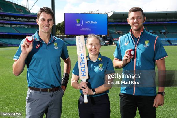 Australian cricket players Pat Cummins, Alyssa Healy and Josh Hazlewood pose during a media opportunity announcing the confirmation of a partnership...