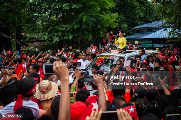 Aung Sun Suu Kyi, leader of Myanmar's National League for Democracy Party, campaigns in her constituency on October 24, 2015 in Kawhmu, Myanmar. Suu...