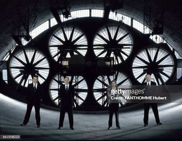 The Conquerors Of 2001. Benjamin CASTALDI, Edouard Michelin, Claudie Haigneré and Edgard CHILLAUD chief pilot of Air France Concorde laying side by...