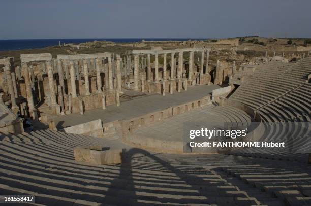 Treasures Of Libya. The site LEPTIS MAGNA: view of theater dating from the beginning of the first century, with backward, the columns of temples to...