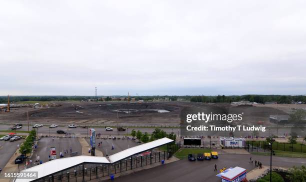 General view of the construction site for the new Buffalo Bills stadium from Highmark Stadium on August 12, 2023 in Orchard Park, New York.