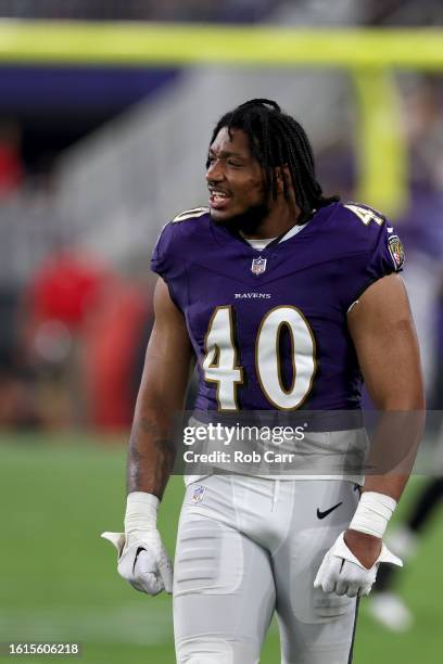 Linebacker Malik Harrison of the Baltimore Ravens looks on in the second half against the Philadelphia Eagles during a preseason game at M&T Bank...