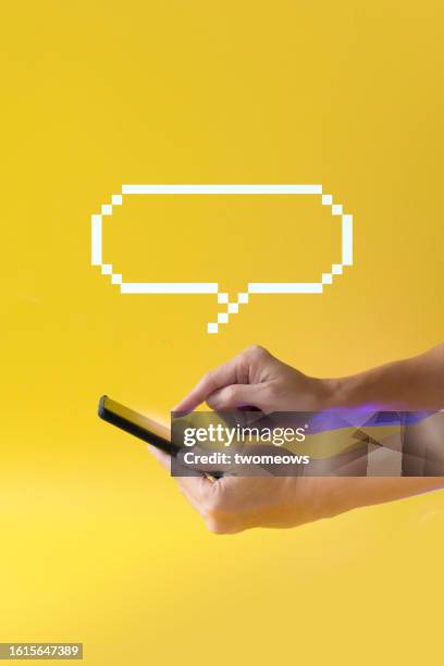 chatting with ai technology chatbot with mobile phone - stock photo. - online chat bubble stock pictures, royalty-free photos & images