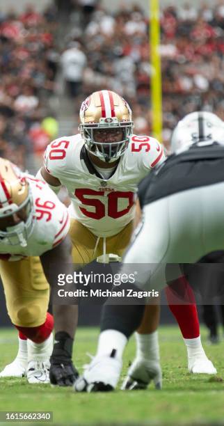 Jalen Graham of the San Francisco 49ers lines up before the snap during the game against the Las Vegas Raiders at Allegiant Stadium on August 13,...