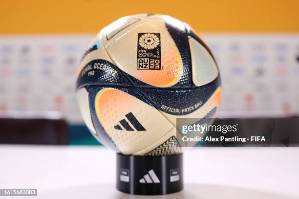 The adidas Oceaunz Final Pro Official Women's World Cup 2023 match ball is seen on the press conference table ahead of an Australia Press Conference...