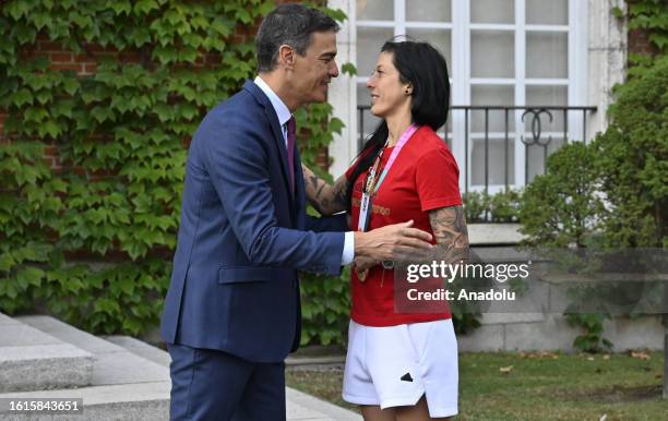 Spanish Prime Minister Pedro Sanchez welcomes the player Jennifer Hermoso of Spanish Women's National Soccer Team at Moncloa Presidential Palace in...