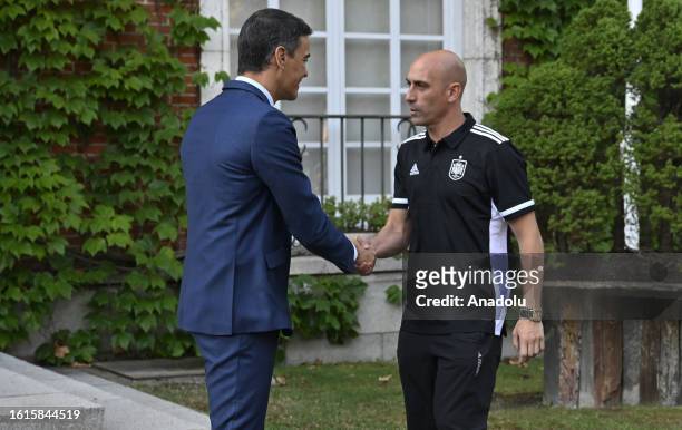 Spanish Prime Minister Pedro Sanchez welcomes President of the Royal Spanish Football Federation Luis Rubiales at Moncloa Presidential Palace in...