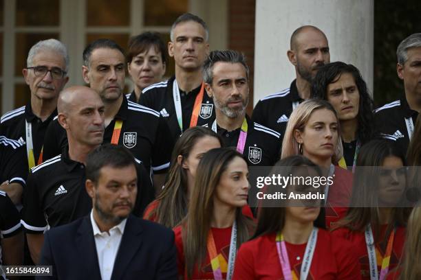 Spanish Prime Minister Pedro Sanchez welcomes President of the Royal Spanish Football Federation Luis Rubiales , head coach Jorge Vilda and players...