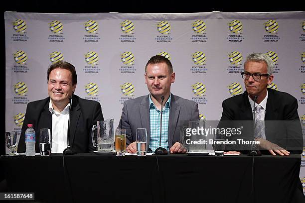 Former Socceroo, Mark Bosnich, Head of Hyundai A-League, Damien de Bohun and FFA CEO, David Gallop address football fans during the FFA Australian...