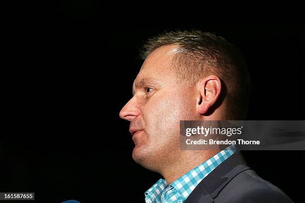 Head of Hyundai A-League, Damien de Bohun addresses the media during the FFA Australian Football Fan Forum at The Star on February 12, 2013 in...