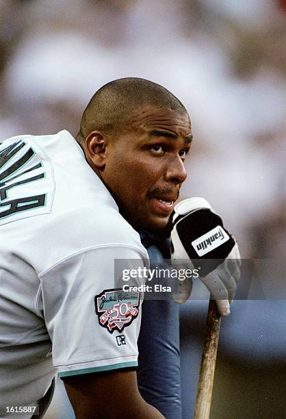 Bobby Bonilla of the Florida Marlins waits for his turn to bat during the Marlins 5-3 loss to the Los Angeles Dodgers at Dodger Stadium in Los...