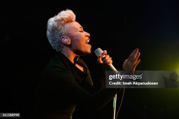 Singer/songwriter Emeli Sande performs onstage during a 'Myspace LIVE' show presented by Chapstick Sessions at Key Club on February 11, 2013 in West...