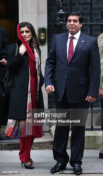 Prime Minister Raja Pervez Ashraf of Pakistan leaves 10 Downing Street with Pakistani Foreign Minister Hina Rabbani Khar after meeting with Prime...