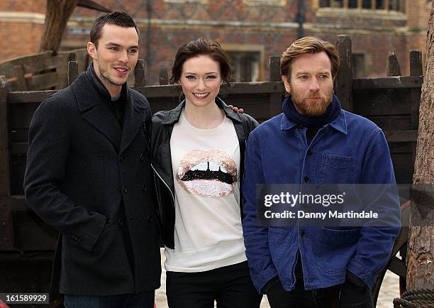 Nicholas Hoult, Eleanor Tomlinson, Ewan McGregor attend a photocall for 'Jack The Giant Slayer' at Hampton Court Palace on February 12, 2013 in...