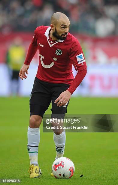 Sofian Chahed of Hannover in action during the Bundesliga match between Hannover 96 and TSG 1899 Hoffenheim at AWD Arena on February 9, 2013 in...