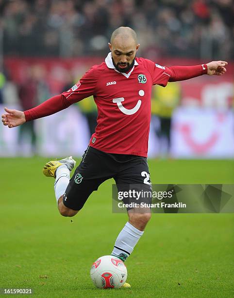 Sofian Chahed of Hannover in action during the Bundesliga match between Hannover 96 and TSG 1899 Hoffenheim at AWD Arena on February 9, 2013 in...